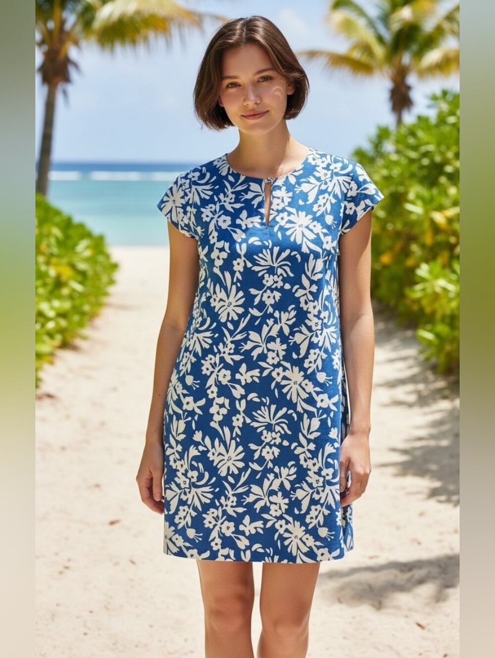 Three Islands Tropical Print Cotton Dress With Cap Sleeves